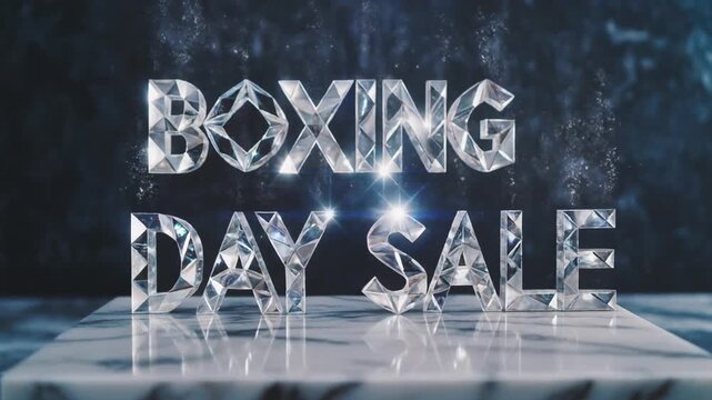 Sparkling diamond-like Boxing Day Sale text animation on a marble pedestal for holiday shopping.