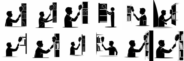 Black silhouettes of men cleaning bookshelves with a feather duster, representing cleaning service, domestic chores, and library maintenance. © Anna