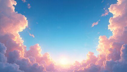Image shows clear blue sky with fluffy pink clouds. Sunlight breaks through the clouds creating a peaceful atmosphere. Ideal for backgrounds meditation or serene visuals.