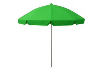 Green beach umbrella providing sun protection and shade for summer holidays, vacations, leisure, and outdoor events. Transparent background