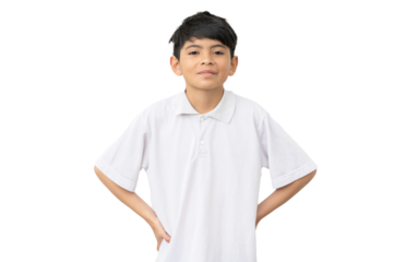 Confident boy posing with hands on hips on white background