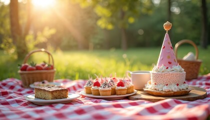 Outdoor picnic setup on red checkered blanket. Desserts include cake with hat, cupcakes, brownies, strawberries in wicker basket. Celebration theme food arrangement in garden with green grass.