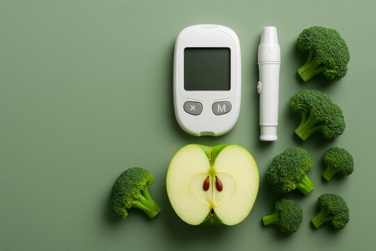 Healthy eating for diabetes management with fresh vegetables and fruits on a calm background