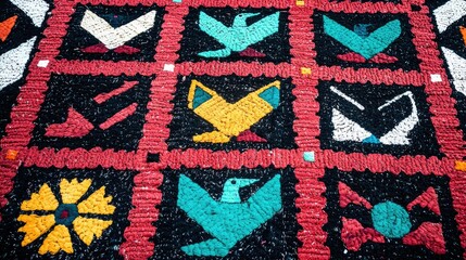 Close-up of a colorful textile pattern featuring geometric shapes, birds, and a repeating square design.
