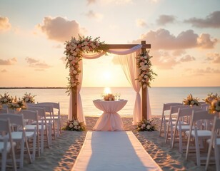 Beach wedding ceremony setup at sunset. Wooden arch adorned with flowers, chairs lined on sand facing ocean. Romantic aisle with white runner leads to altar.