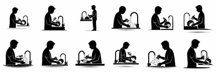 Black silhouettes of a man performing household chores, washing dirty dishes under running water in a kitchen sink, illustrating daily domestic tasks and hygiene.