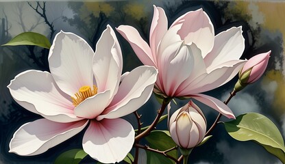 Watercolor background with blooming white and pink magnolias and unopened buds in spring forest