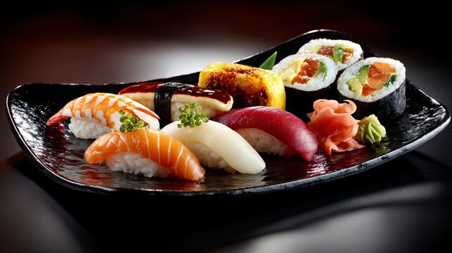 Assortment of fresh sushi and maki rolls served on a dark plate