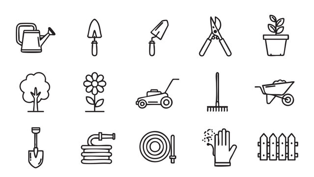 Gardening Tools and Elements Icon Set Featuring Watering Can, Trowel, Pruning Shears, and More for Design