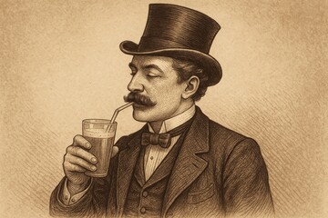 Elegant gentleman savoring a drink while dressed in formal attire, immersed in a moment of relaxation and enjoyment during a vintage gathering