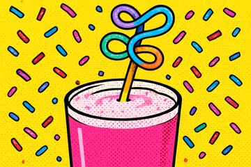 Vibrant pink drink with colorful sprinkles and a playful straw against a cheerful yellow background, evoking joy and summer vibes