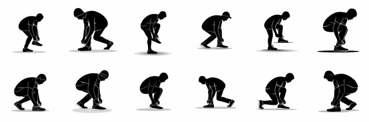 Obraz premium Set of black silhouettes showing a person tying up shoelaces on running or sports shoes, demonstrating various preparation poses.
