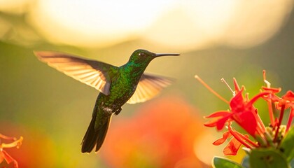 Emerald hummingbird visits red blossoms at sunrise