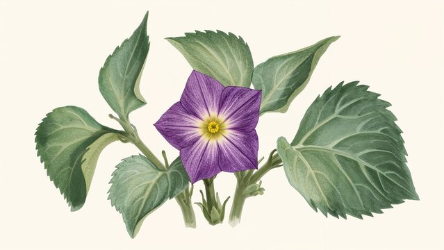 Morning glory flower plant with green leaves. Botanical illustration of flowering vine. Nature and plant life. Horticulture and gardening themes.