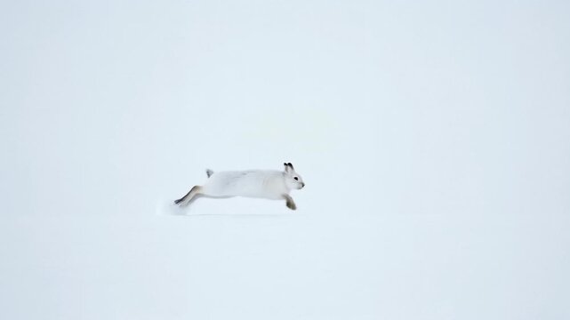 A white Arctic hare with distinct dark ear tips leaps across a vast, pristine snow-covered field under soft, diffused winter light.