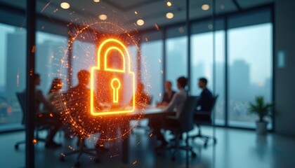 Business meeting with a digital lock icon representing cybersecurity in modern office. Team discuss digital security solutions. Concept of data protection privacy and futuristic tech.