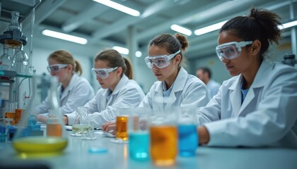 Students in lab coats and safety glasses conduct experiment with colorful liquids. Young scientists learn chemistry, perform research and gain practical skills in science class.