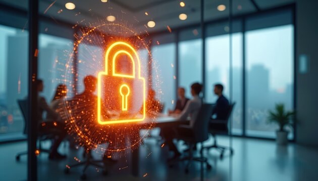 Business meeting with a digital lock icon representing cybersecurity in modern office. Team discuss digital security solutions. Concept of data protection privacy and futuristic tech.