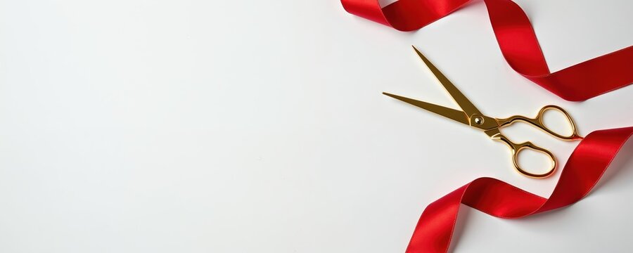 Gold scissors cut red ribbon against white background. Photo represents opening ceremony or new business launch. Concept includes celebration with elegant festive look and feel.