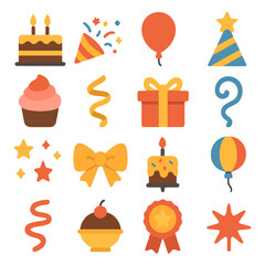 Celebration Essentials: An array of colorful icons, including a cake, party hats, balloons, presents, and confetti, embodies the essence of a lively, festive celebration.