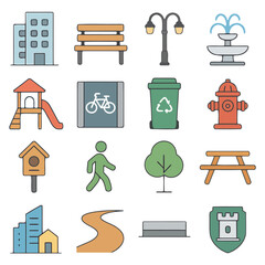 Park Icons Collection: A colorful array of illustrations depicts essential elements found in a public park, inviting users to visualize outdoor recreation and leisure