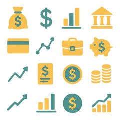 Financial Icons Collection: A collection of financial icons, symbolizing various aspects of finance and economics, suitable for business and investment concepts. 