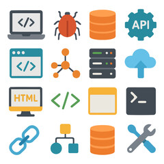 Coding and IT Icons: A comprehensive array of vibrant icons representing the core elements of the digital age, illustrating web development, programming, data, and technology. 