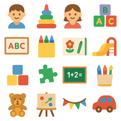 Playtime Essentials: A vibrant array of childhood icons, from building blocks to a friendly teddy bear. capturing the essence of childhood.