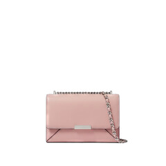A Delicate Light Pink Leather Handbag with Silver Chain Strap and Metallic Clasp Detailed Studio Shot on Transparent Background
