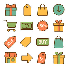 Ecommerce Essentials: An array of shopping symbols, featuring gift boxes, price tags, shopping bags, and directional arrows, designed to represent essential elements of online shopping.