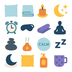 Serene Sanctuary Symbols: A collection of charming icons related to the creation of a soothing, restful environment, fostering a sense of peace and relaxation.