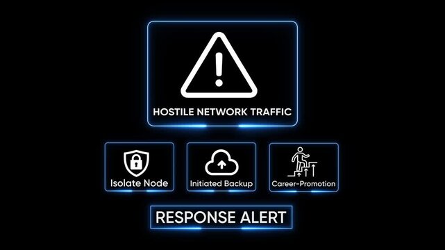 Cyber security alert hostile network traffic warning icon isolate node initiated backup career promotion concept digital technology abstract background neon glow