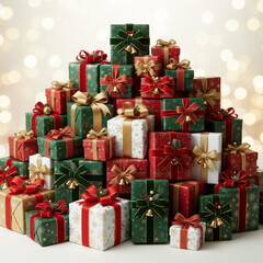 Fototapeta premium Pile of wrapped presents with festive ribbons