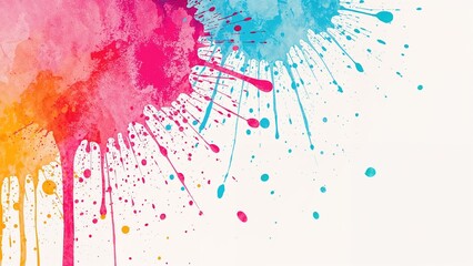 Fototapeta premium Colorful paint splashes with vibrant pink, orange, blue, and yellow hues on a white background. Artistic, abstract, and expressive design.