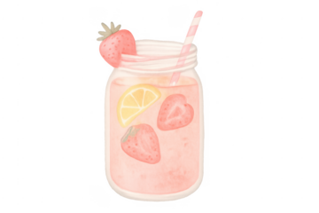 Strawberry lemonade drink in mason jar, watercolor illustration