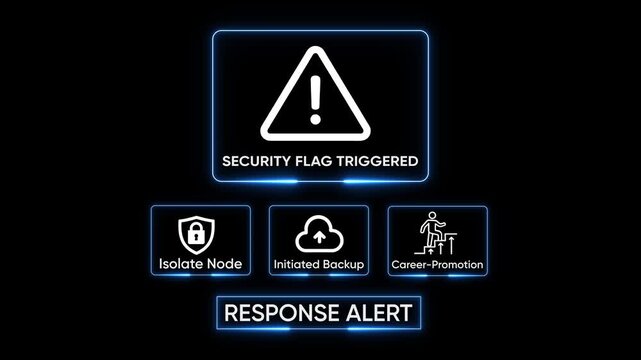 Security alert triggered warning symbol isolate node initiated backup career promotion abstract technology concept digital interface glowing neon lines dark background