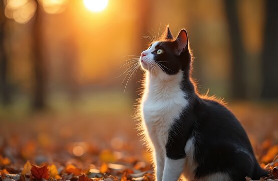 Cat sits in autumn park at sunset. Domestic animal looks up on nature background. Black and white kitten rests on yellow fallen leaves. Pets care concept. Cute fluffy kitty portrait.