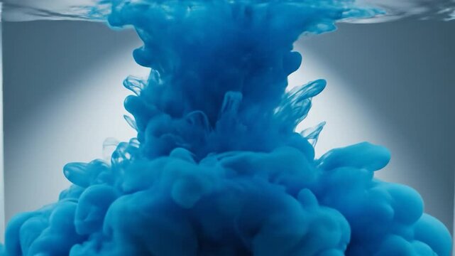 Vibrant blue ink dispersing in clear water, creating an abstract cloudlike pattern