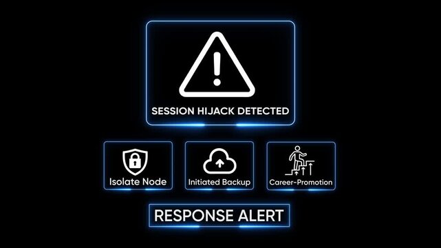 Cyber Security Alert Session Hijack Detected Warning Icon with Isolate Node Initiated Backup and Career Promotion Icons on Dark Background Futuristic Digital Interface Concept