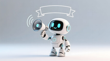 Cute AI robot mascot using a megaphone to broadcast important news and announcements.