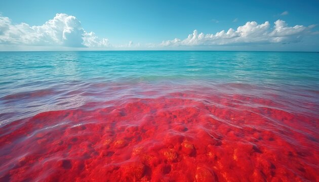 Red tide phenomenon covers sea water with vivid red algae bloom. Clear blue ocean water contrasts sharply with the polluted surface. Algal bloom spreads near coast.