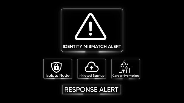 Digital interface alert warning identity mismatch security breach isolate node initiated backup career promotion success data protection network threat cybersecurity concept abstract technology