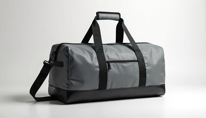 Modern grey duffel bag with black accents. Features strong handles, detachable shoulder strap. Versatile bag perfect for gym travel needs. Clean, minimalist design suitable for various branding.