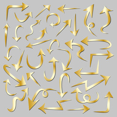 A set of hand-drawn vector golden arrows in various shapes. Festive glossy elements for design, navigation, infographics, highlights, and premium decorative projects.
