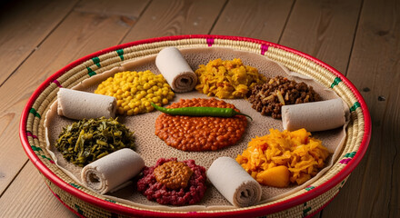 Ethiopian Food Injera Platter: Authentic Cuisine on Wooden Table