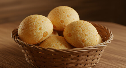 Cheese Bread P&Atilde;&pound;o de Queijo in Basket on Wood Table