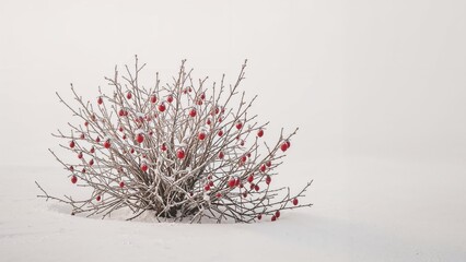 Naklejka premium A bush with red decorations in the snow. Winter scene with a leafless shrub covered in snow and adorned with red ornaments.