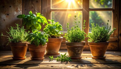 Culinary herbs basking in sunlight by window