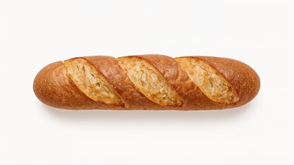 Fresh baked baguette bread with diagonal slashes on a white background. Bakery and bread, food photography, bakery product. The concept of fresh baked bread and bakery items.