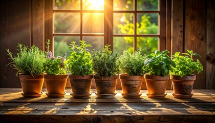 Sunlit herbs in clay pots